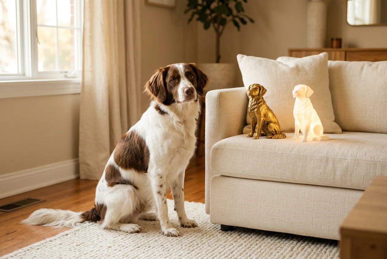 Dutch Partridge Dog dog in a warm editorial interior with handcrafted sculpture and luminary