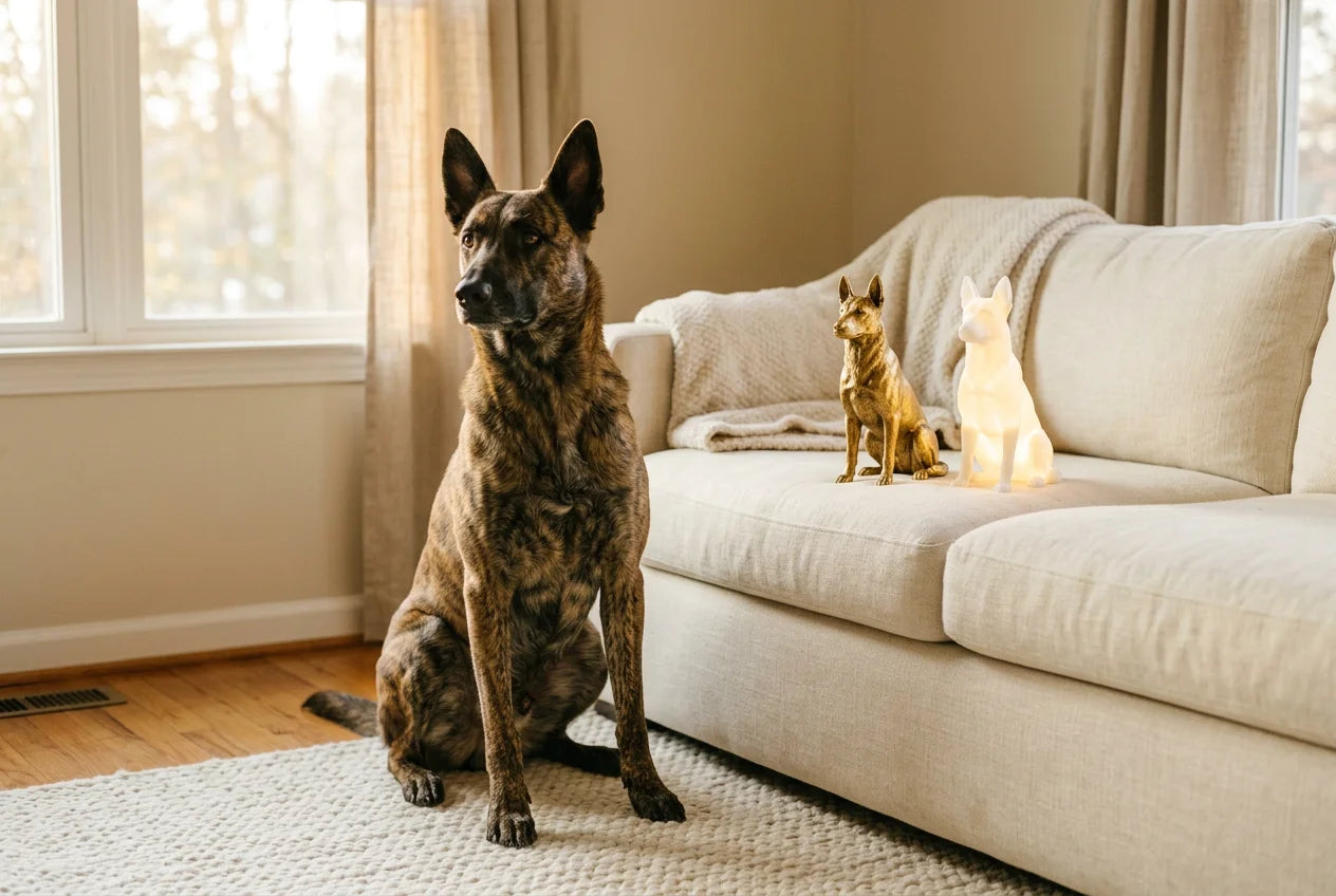 Dutch Shepherd dog in a warm editorial interior with handcrafted sculpture and luminary