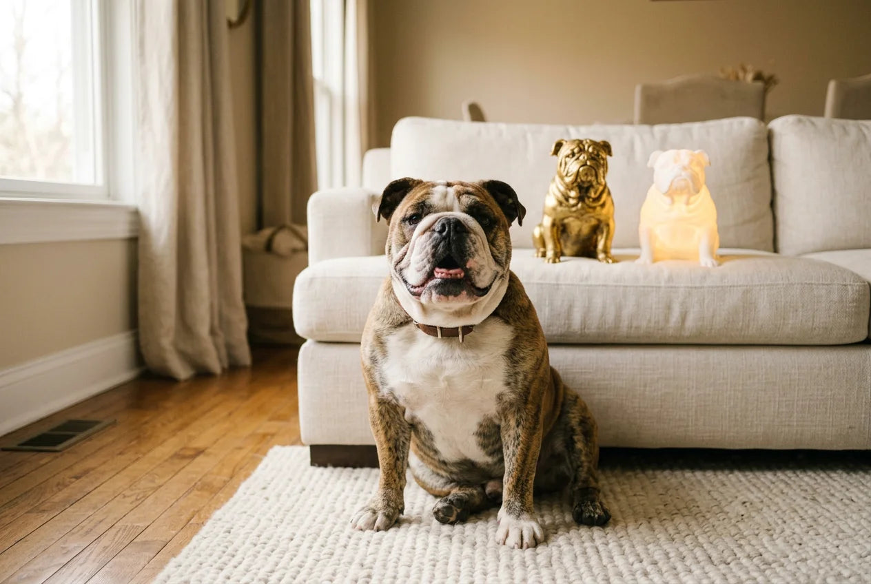 English Bulldog dog in a warm editorial interior with handcrafted sculpture and luminary