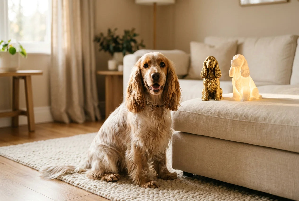 English Cocker Spaniel dog in a warm editorial interior with handcrafted sculpture and luminary