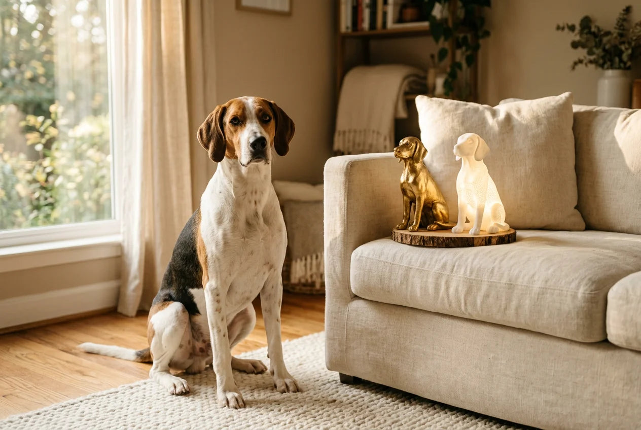 English Foxhound dog in a warm editorial interior with handcrafted sculpture and luminary