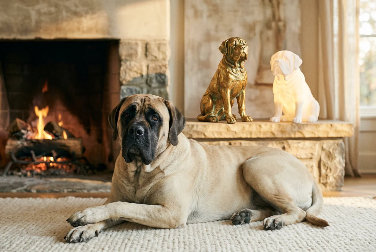 English Mastiff dog in a warm editorial interior with handcrafted sculpture and luminary