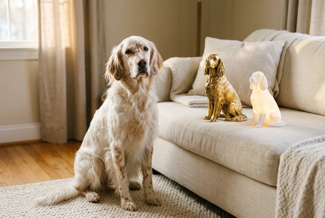 English Setter dog in a warm editorial interior with handcrafted sculpture and luminary
