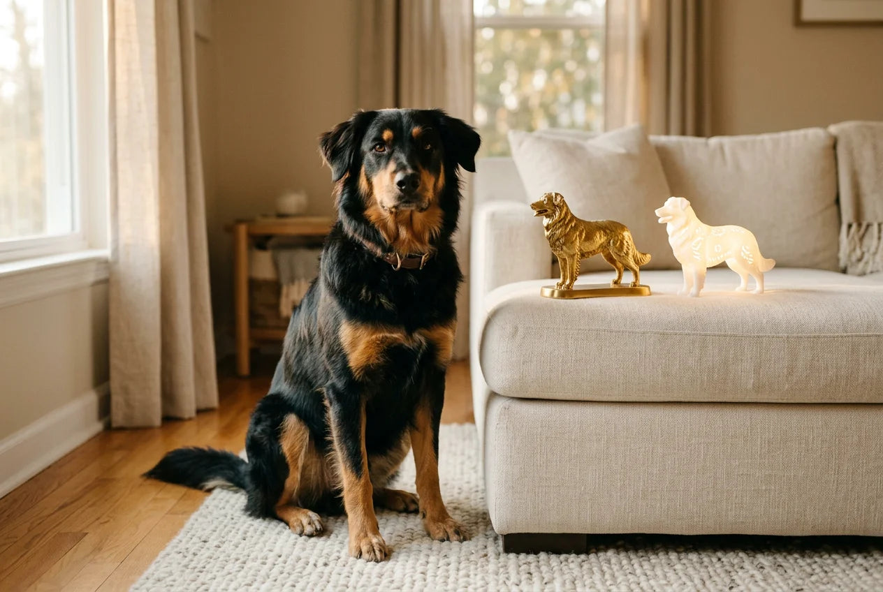 English Shepherd dog in a warm editorial interior with handcrafted sculpture and luminary