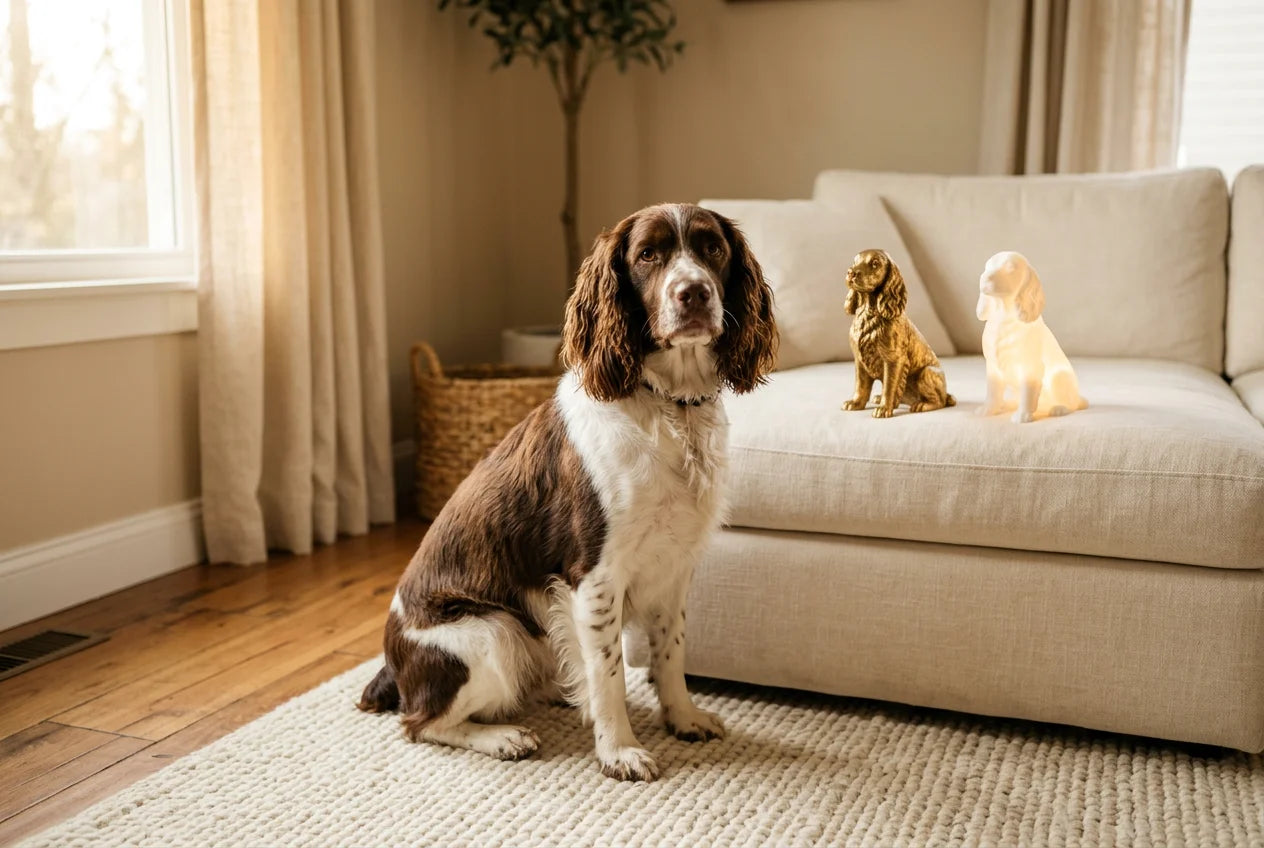 English Springer Spaniel dog in a warm editorial interior with handcrafted sculpture and luminary