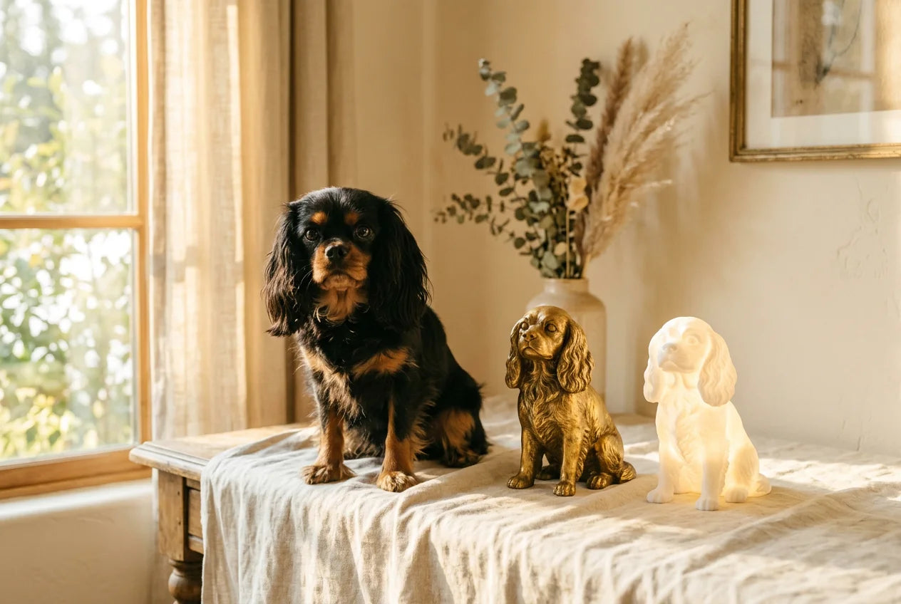 English Toy Spaniel dog in a warm editorial interior with handcrafted sculpture and luminary