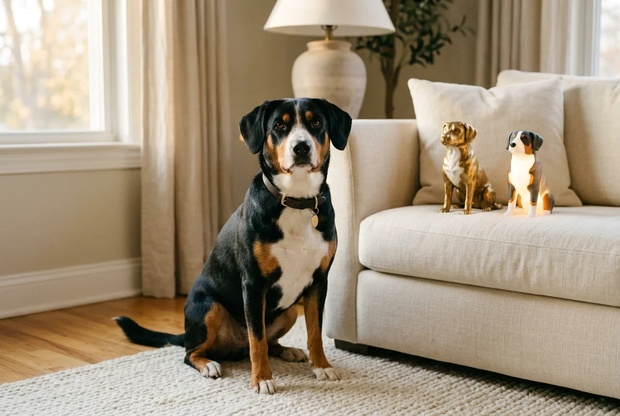 Entlebucher Mountain Dog dog in a warm editorial interior with handcrafted sculpture and luminary