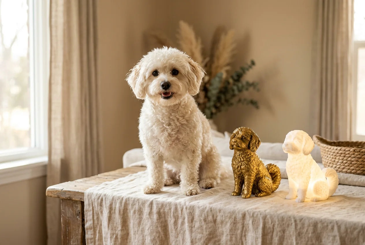 Eskipoo dog in a warm editorial interior with handcrafted sculpture and luminary
