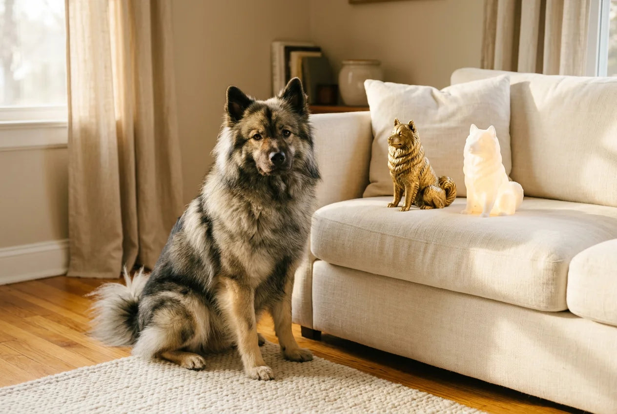 Eurasier dog in a warm editorial interior with handcrafted sculpture and luminary