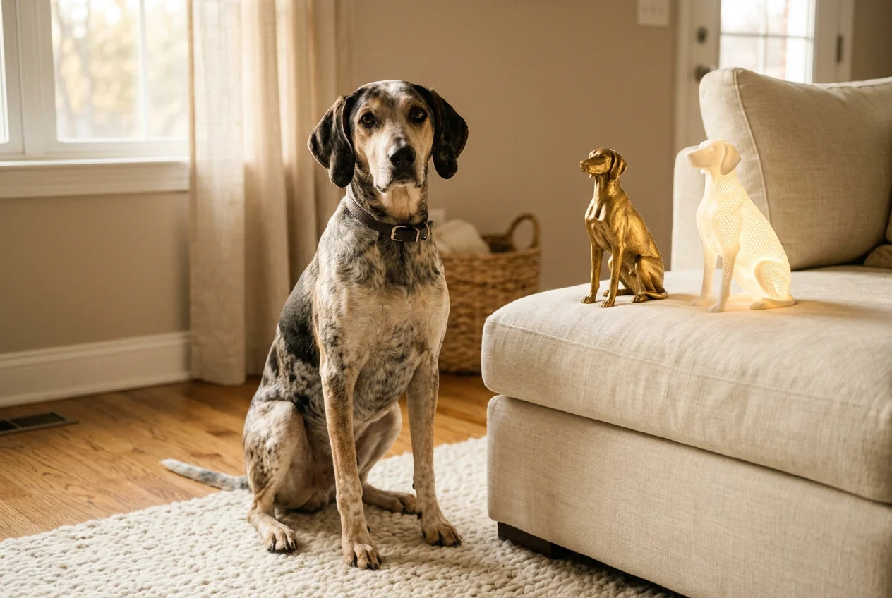 Eurohound dog in a warm editorial interior with handcrafted sculpture and luminary
