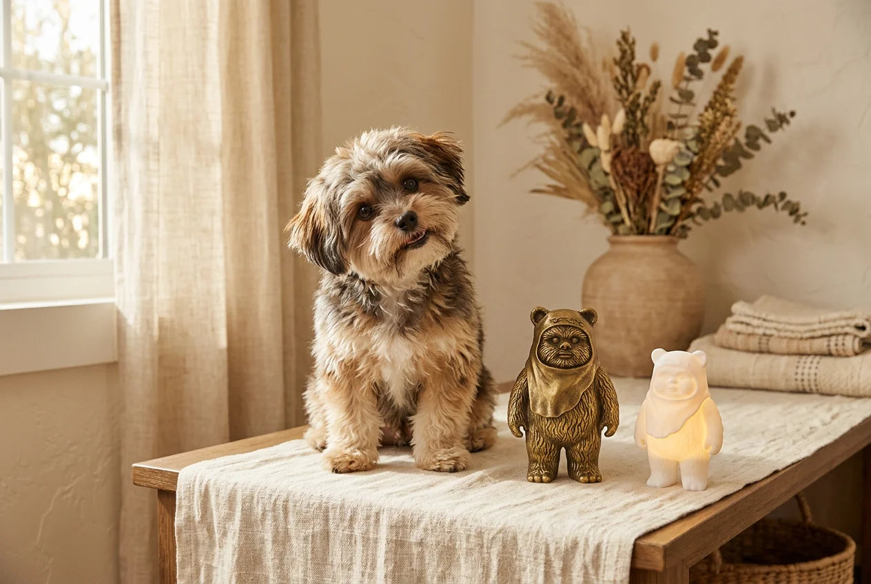 Ewokian dog in a warm editorial interior with handcrafted sculpture and luminary