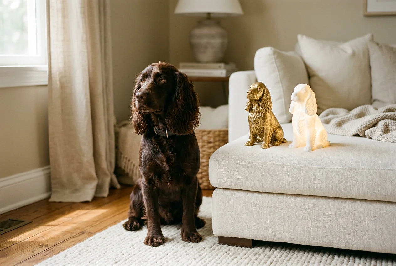 Field Spaniel dog in a warm editorial interior with handcrafted sculpture and luminary
