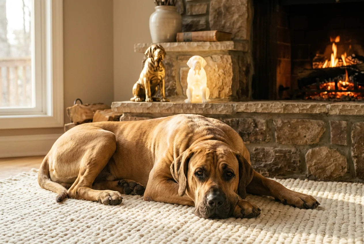 Fila Brasileiro dog in a warm editorial interior with handcrafted sculpture and luminary