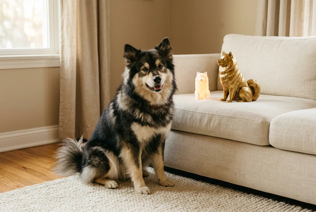 Finnish Lapphund dog in a warm editorial interior with handcrafted sculpture and luminary