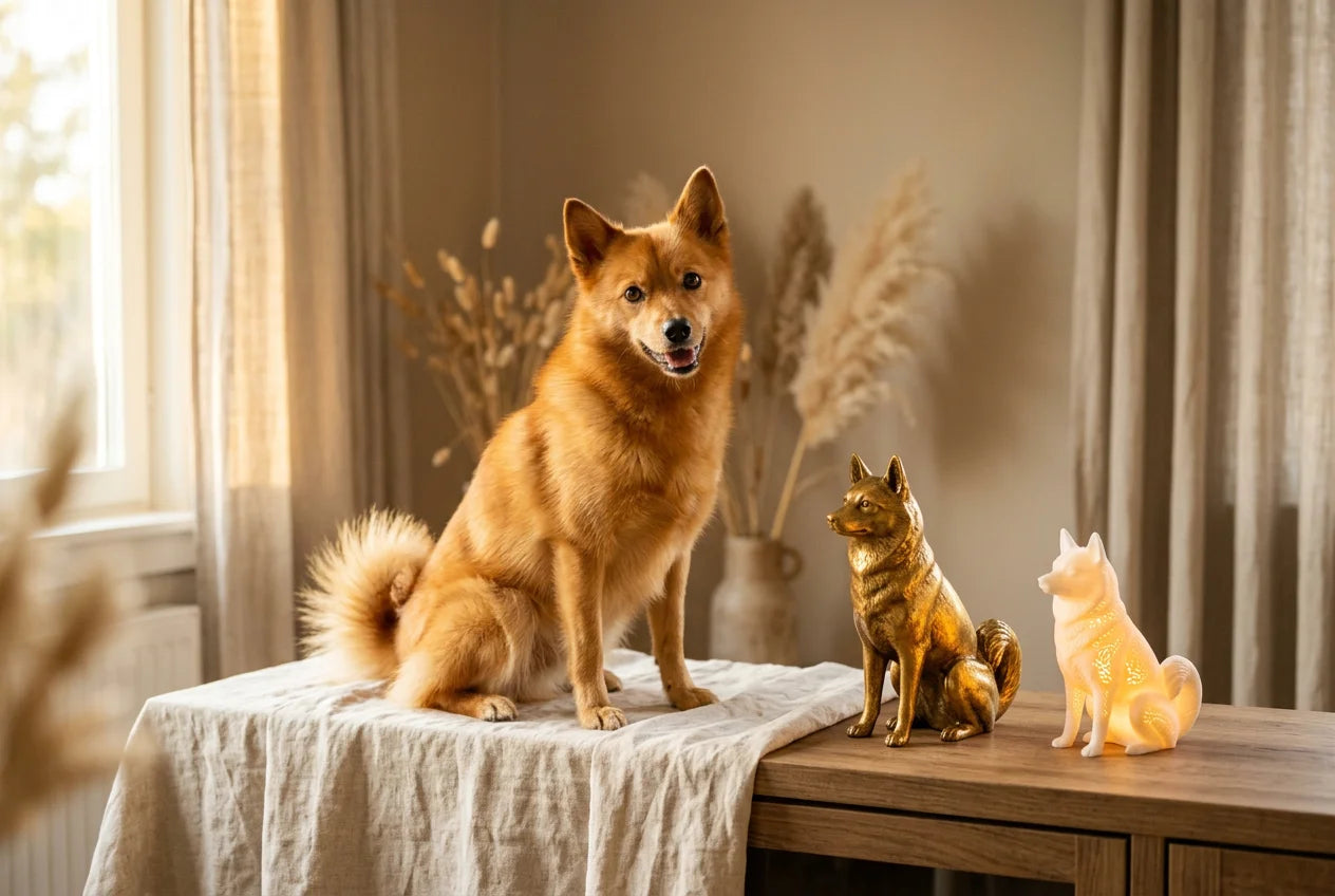 Finnish Spitz dog in a warm editorial interior with handcrafted sculpture and luminary