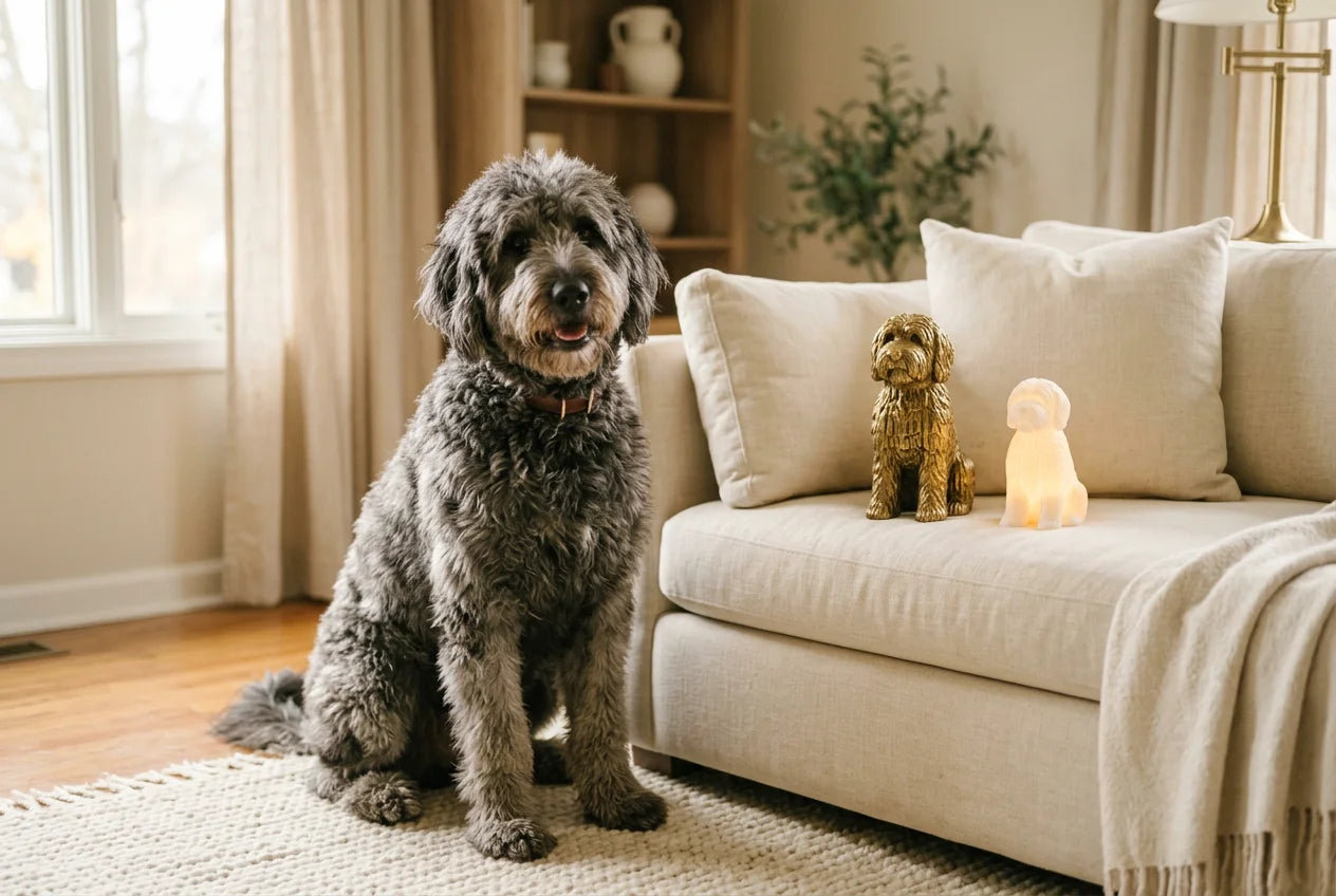 Flandoodle dog in a warm editorial interior with handcrafted sculpture and luminary