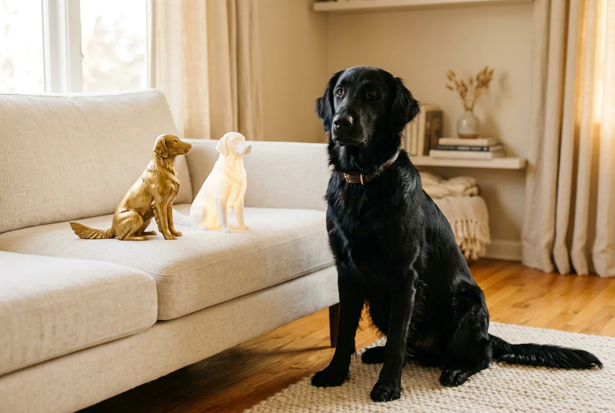 Flat Coated Retriever dog in a warm editorial interior with handcrafted sculpture and luminary