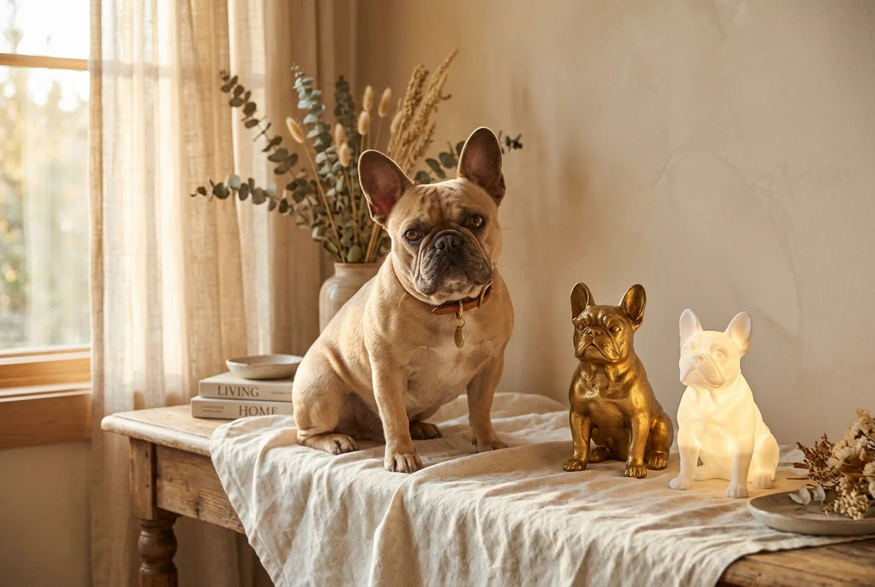 French Bulldog dog in a warm editorial interior with handcrafted sculpture and luminary