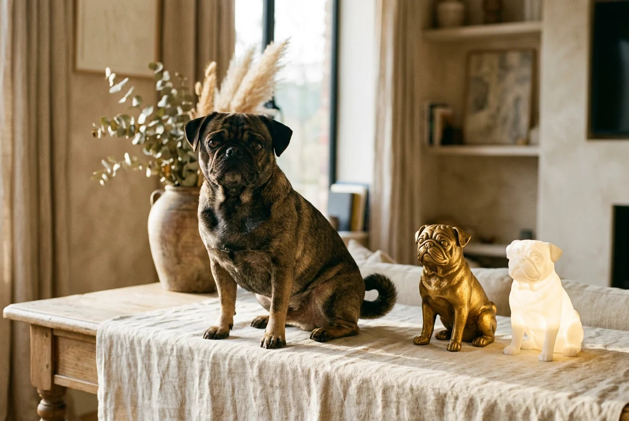 Frenchie Pug dog in a warm editorial interior with handcrafted sculpture and luminary