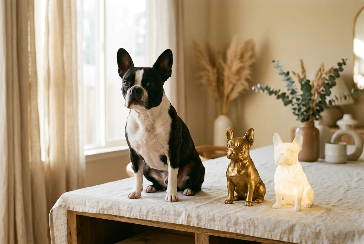 Frenchton dog in a warm editorial interior with handcrafted sculpture and luminary