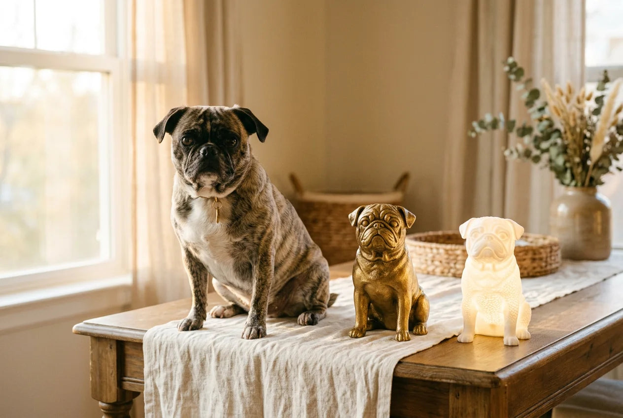 Frug dog in a warm editorial interior with handcrafted sculpture and luminary