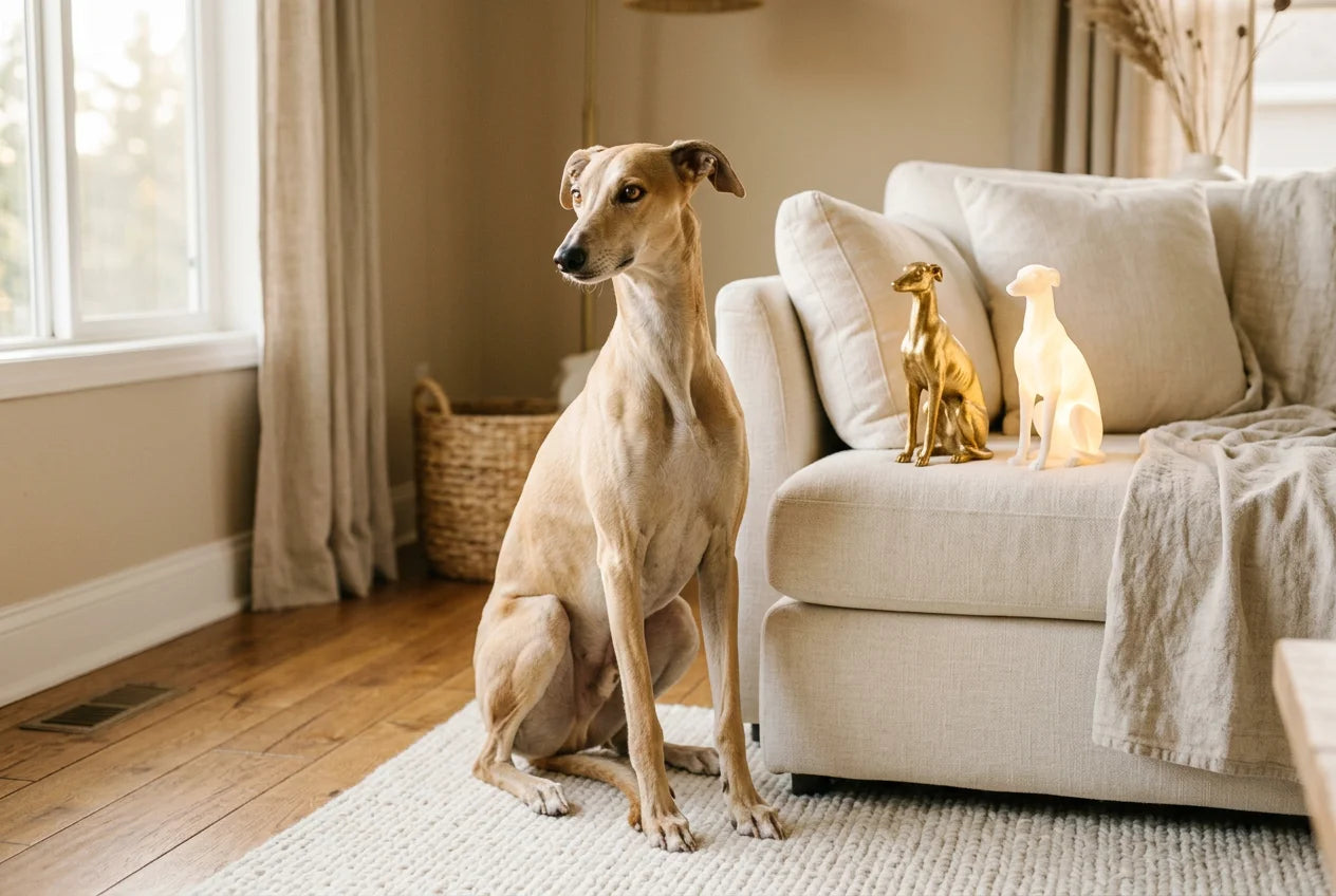 Galgo Espanol dog in a warm editorial interior with handcrafted sculpture and luminary