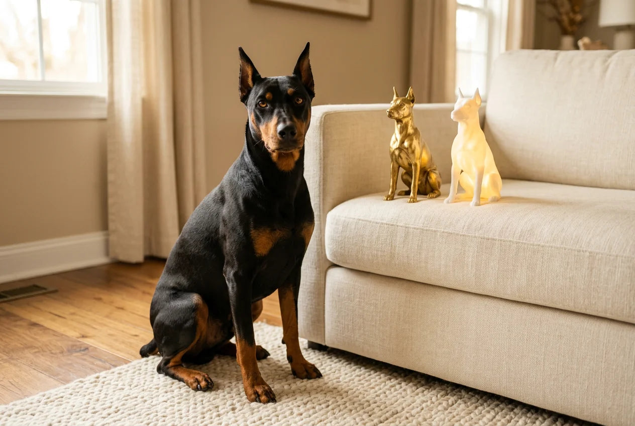 German Pinscher dog in a warm editorial interior with handcrafted sculpture and luminary