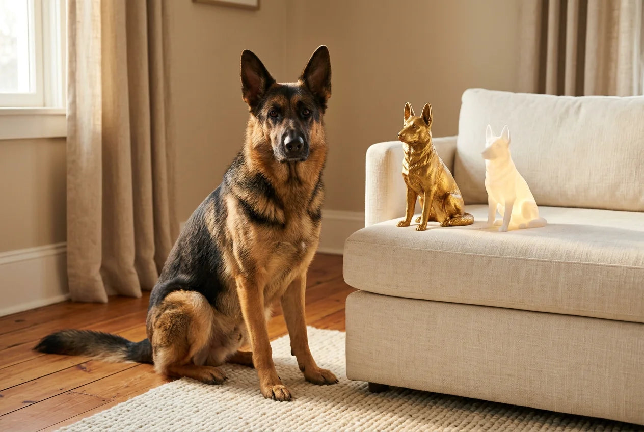 German Shepherd dog in a warm editorial interior with handcrafted sculpture and luminary