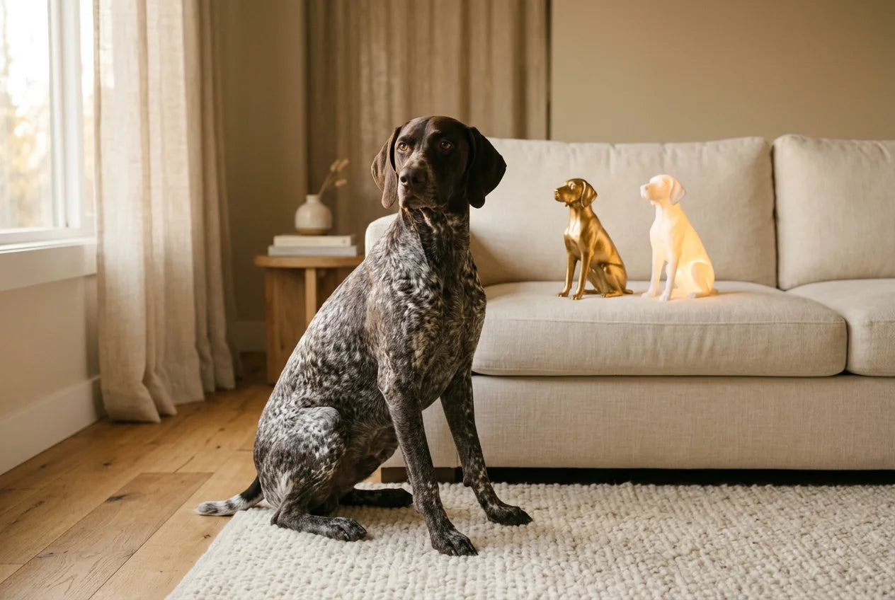 German Shorthaired Pointer dog in a warm editorial interior with handcrafted sculpture and luminary