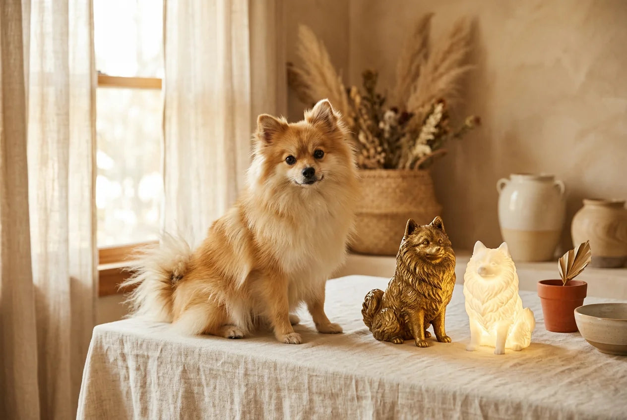 German Spitz dog in a warm editorial interior with handcrafted sculpture and luminary