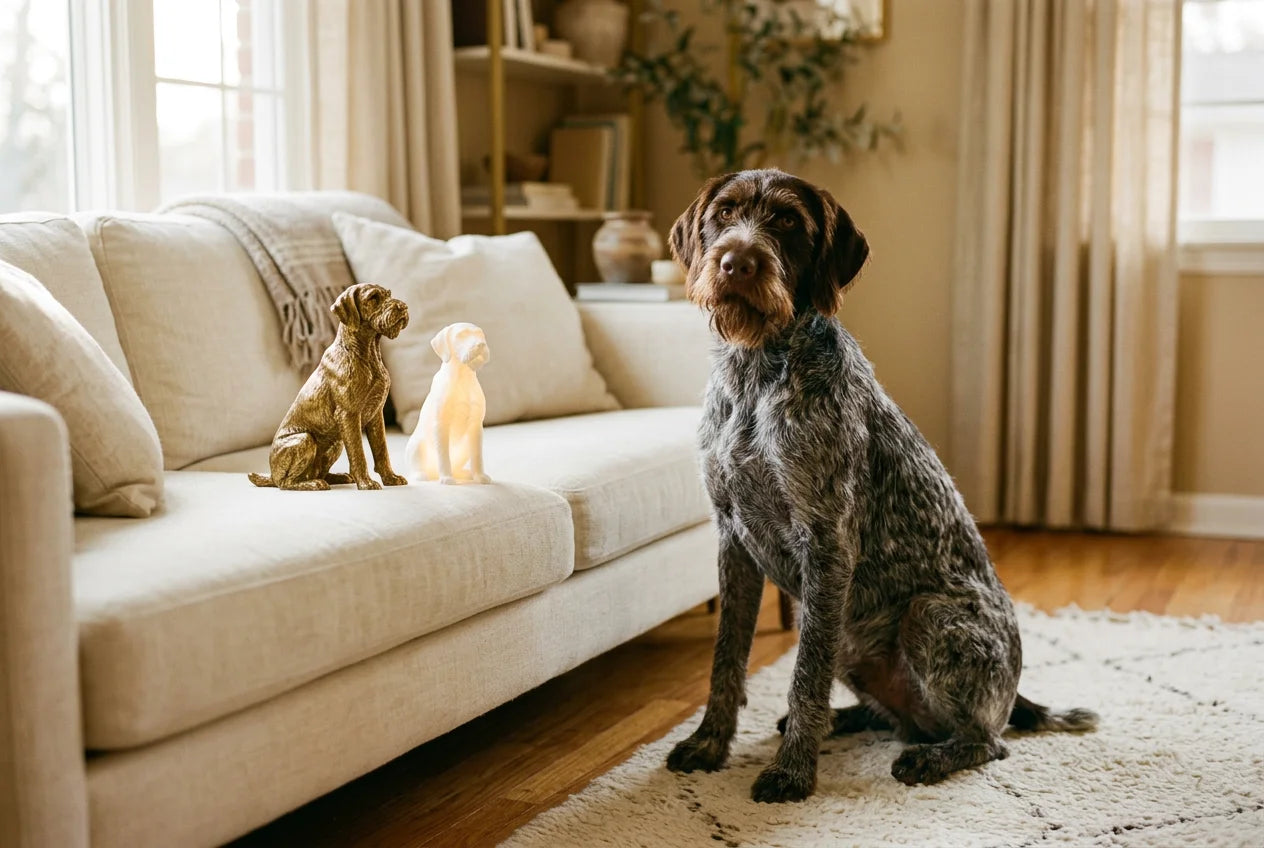 German Wirehaired Pointer dog in a warm editorial interior with handcrafted sculpture and luminary