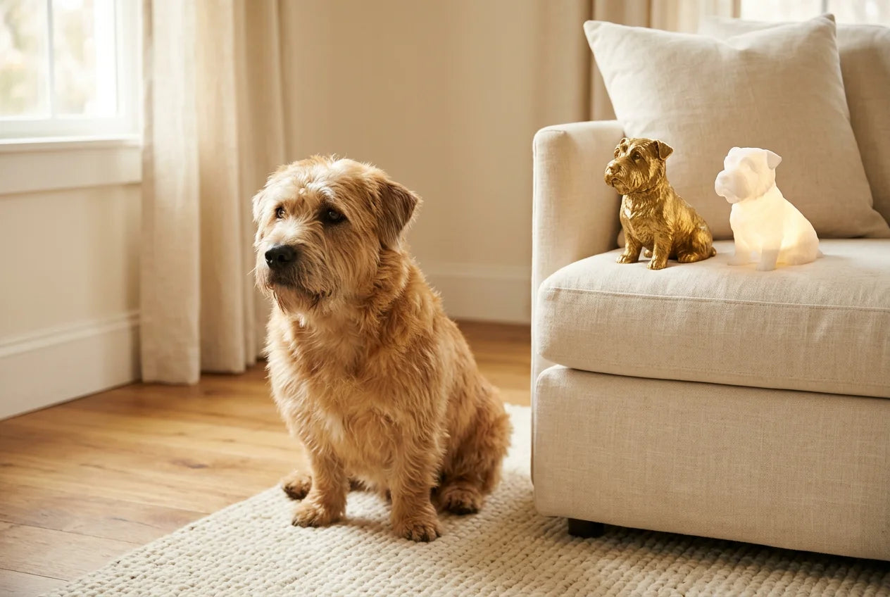 Glen of Imaal Terrier dog in a warm editorial interior with handcrafted sculpture and luminary