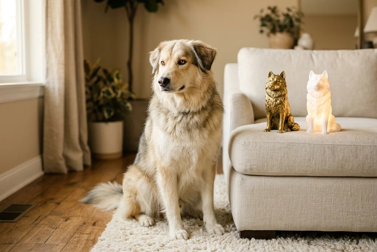 Goberian dog in a warm editorial interior with handcrafted sculpture and luminary