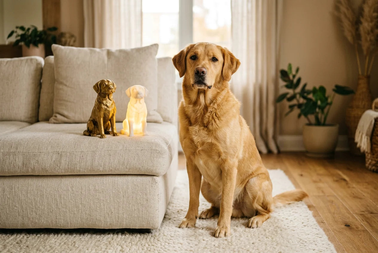 Goldador dog in a warm editorial interior with handcrafted sculpture and luminary