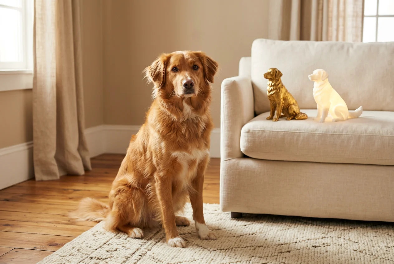 Golden Border Retriever dog in a warm editorial interior with handcrafted sculpture and luminary