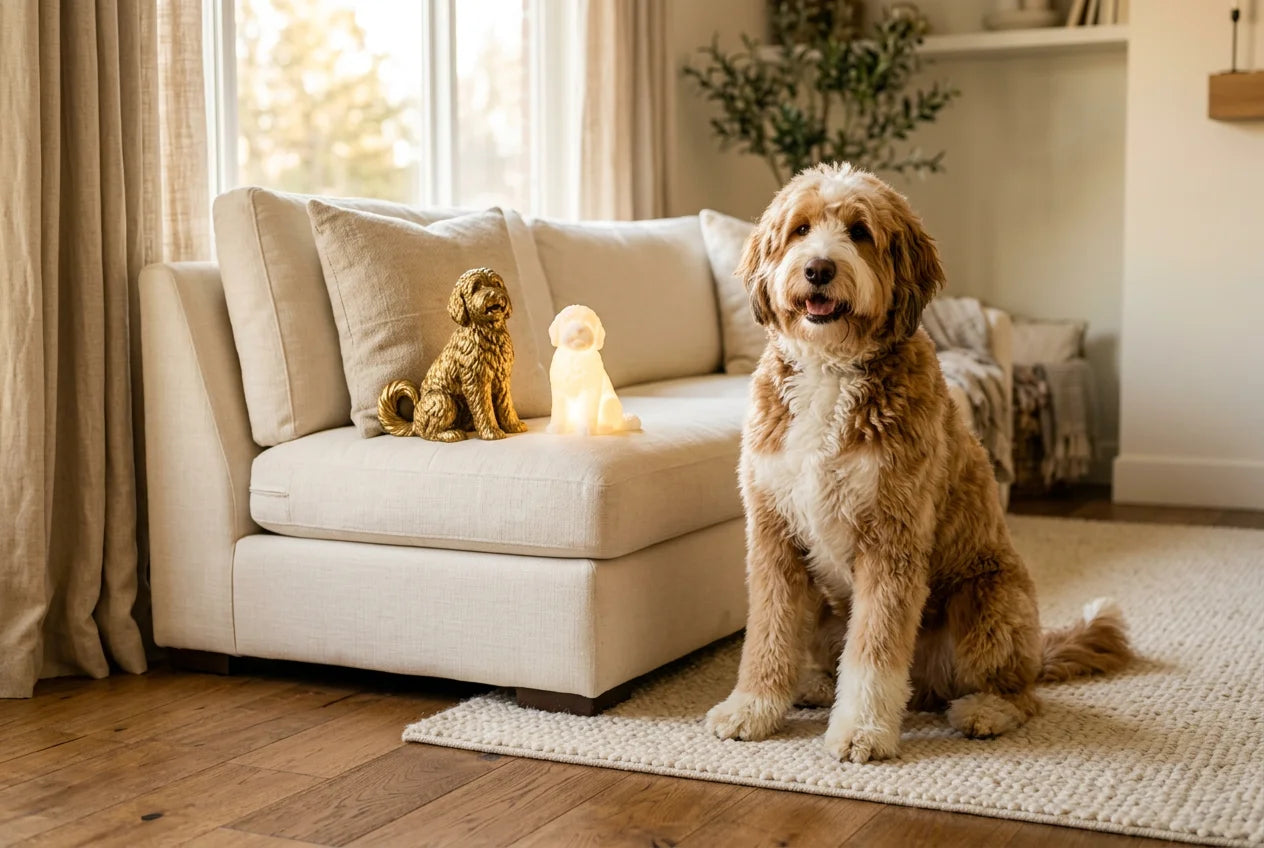 Golden Mountain Doodle dog in a warm editorial interior with handcrafted sculpture and luminary