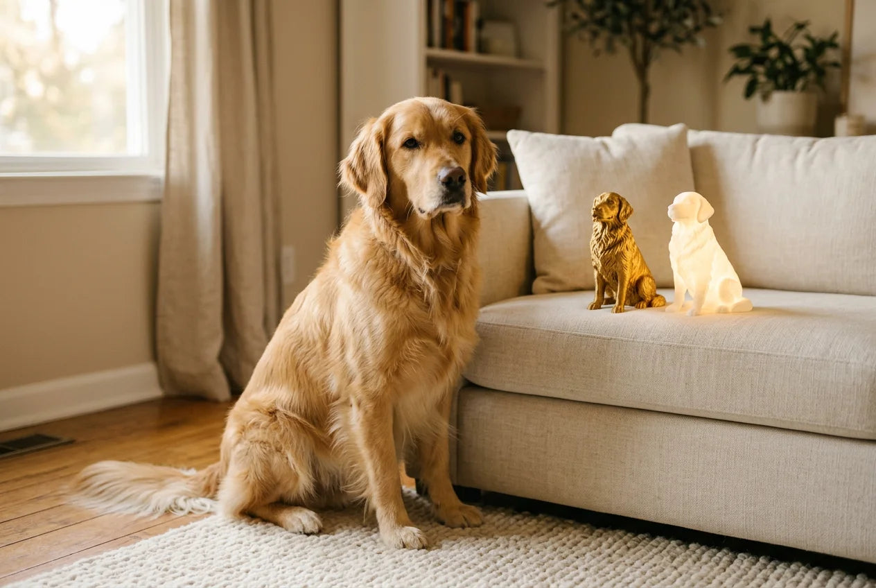 Golden Retriever dog in a warm editorial interior with handcrafted sculpture and luminary