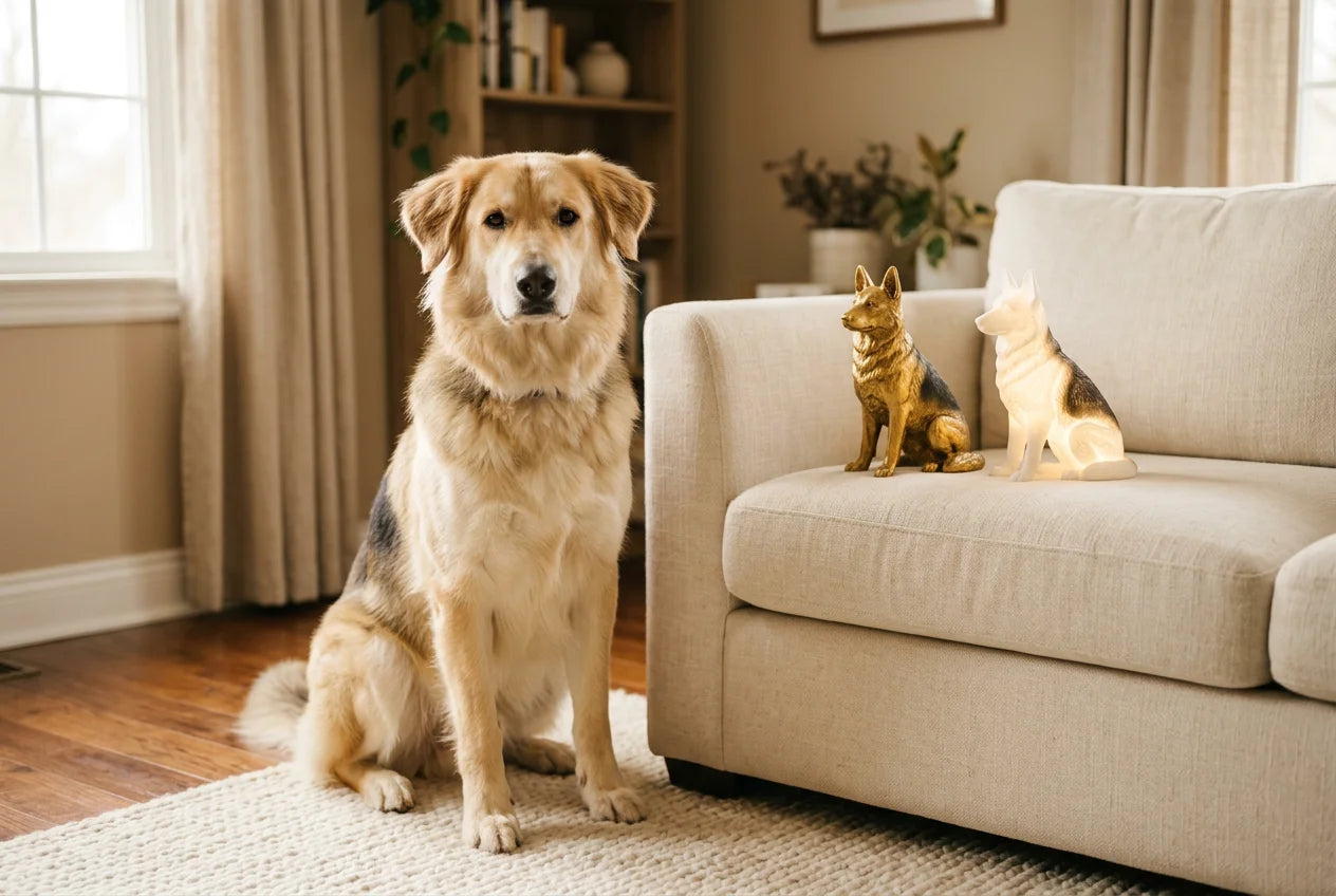 Golden Shepherd dog in a warm editorial interior with handcrafted sculpture and luminary