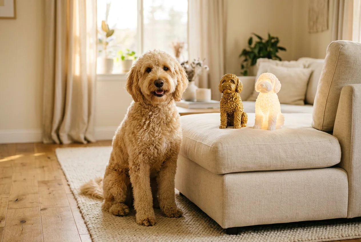 Goldendoodle dog in a warm editorial interior with handcrafted sculpture and luminary