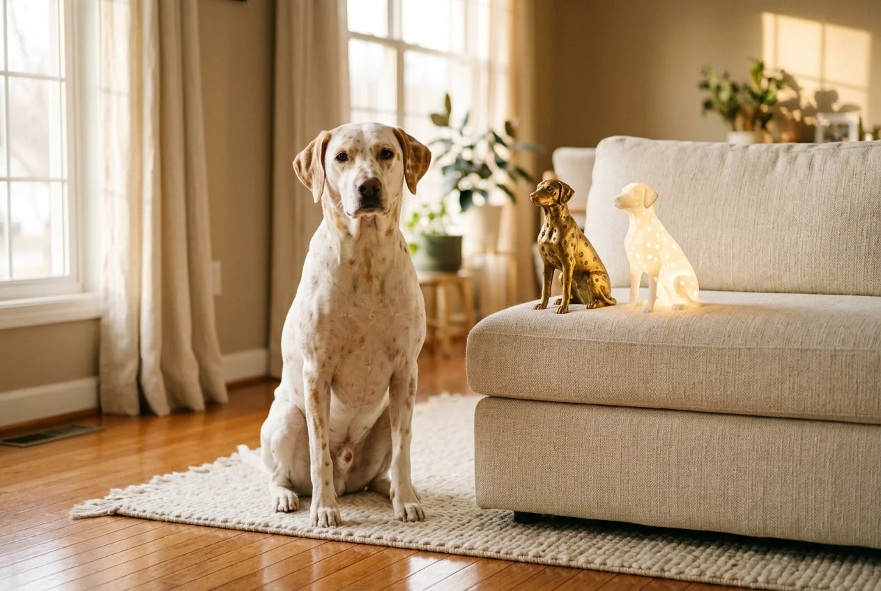 Goldmation dog in a warm editorial interior with handcrafted sculpture and luminary