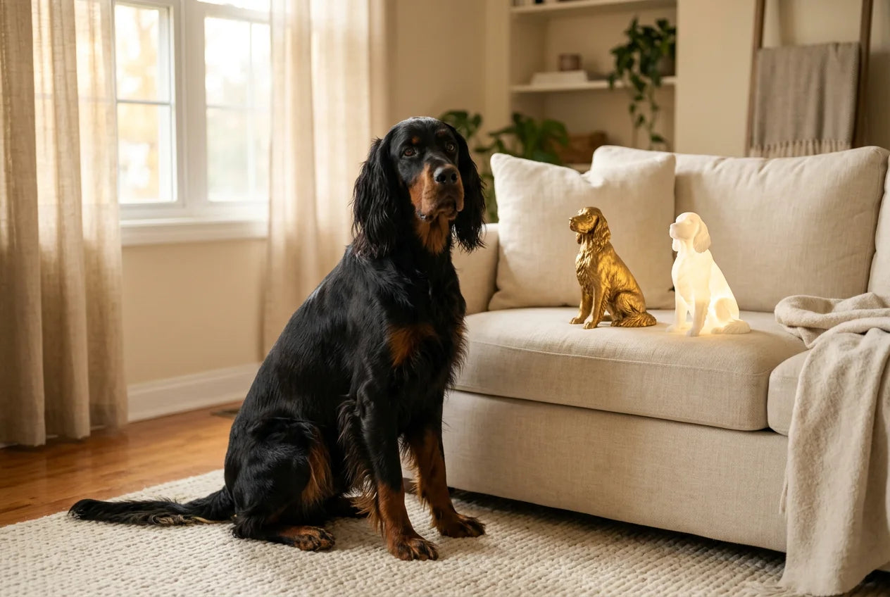 Gordon Setter dog in a warm editorial interior with handcrafted sculpture and luminary