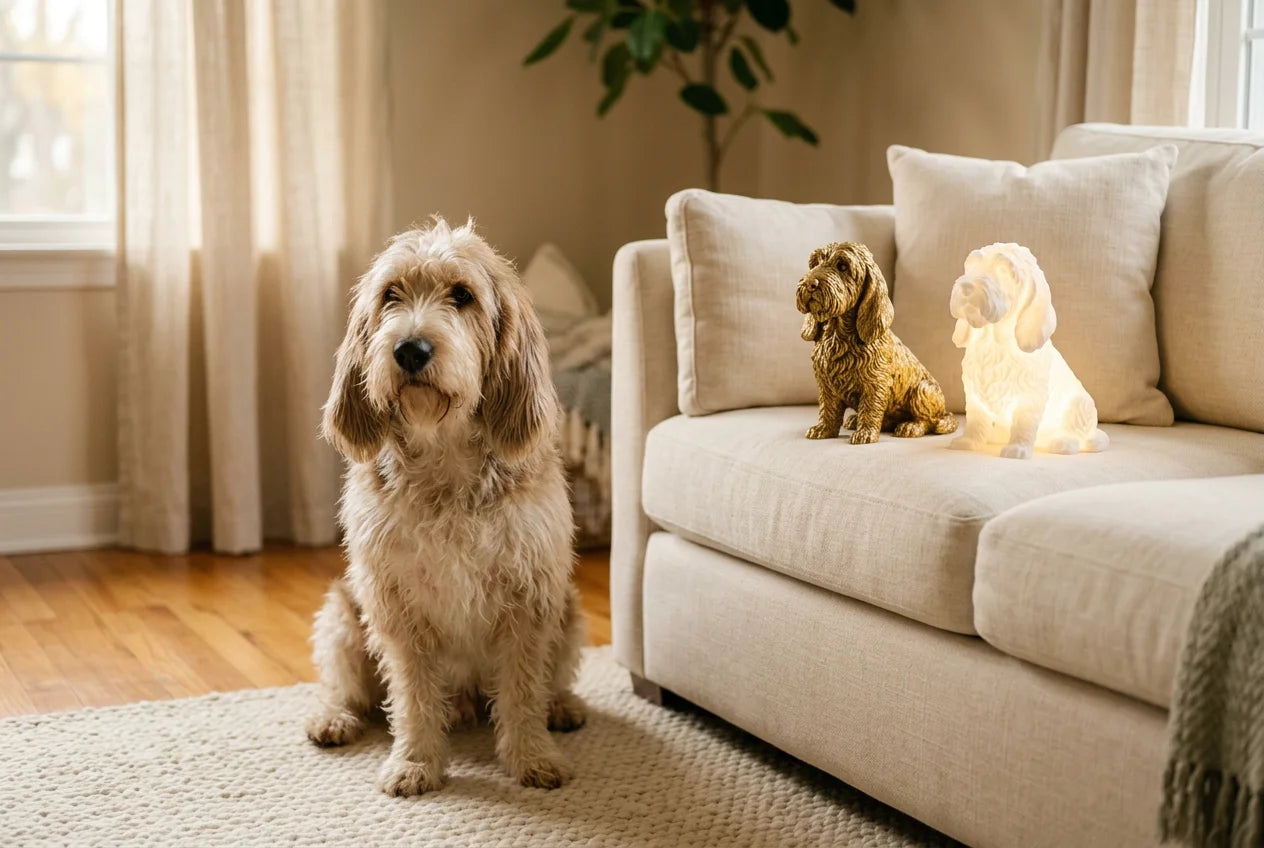 Grand Basset Griffon Vendéen dog in a warm editorial interior with handcrafted sculpture and luminary