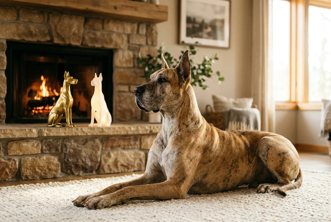 Great Dane dog in a warm editorial interior with handcrafted sculpture and luminary