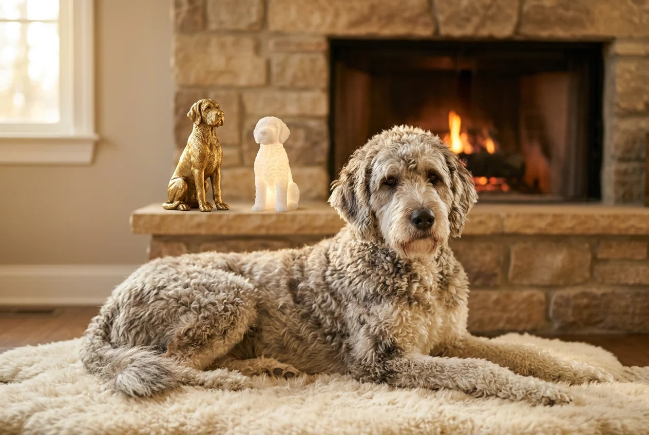Great Danoodle dog in a warm editorial interior with handcrafted sculpture and luminary