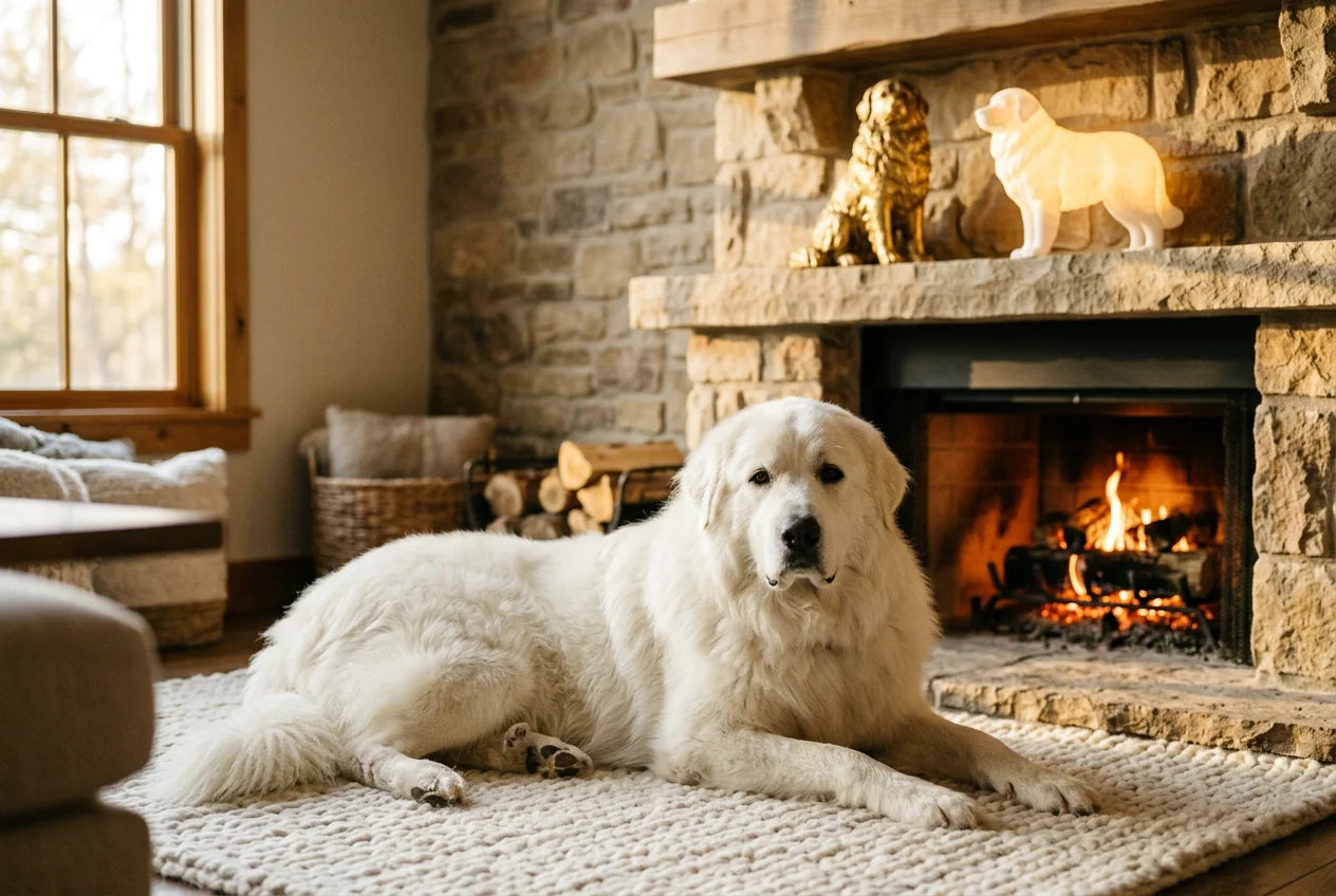 Great Pyrenees dog in a warm editorial interior with handcrafted sculpture and luminary