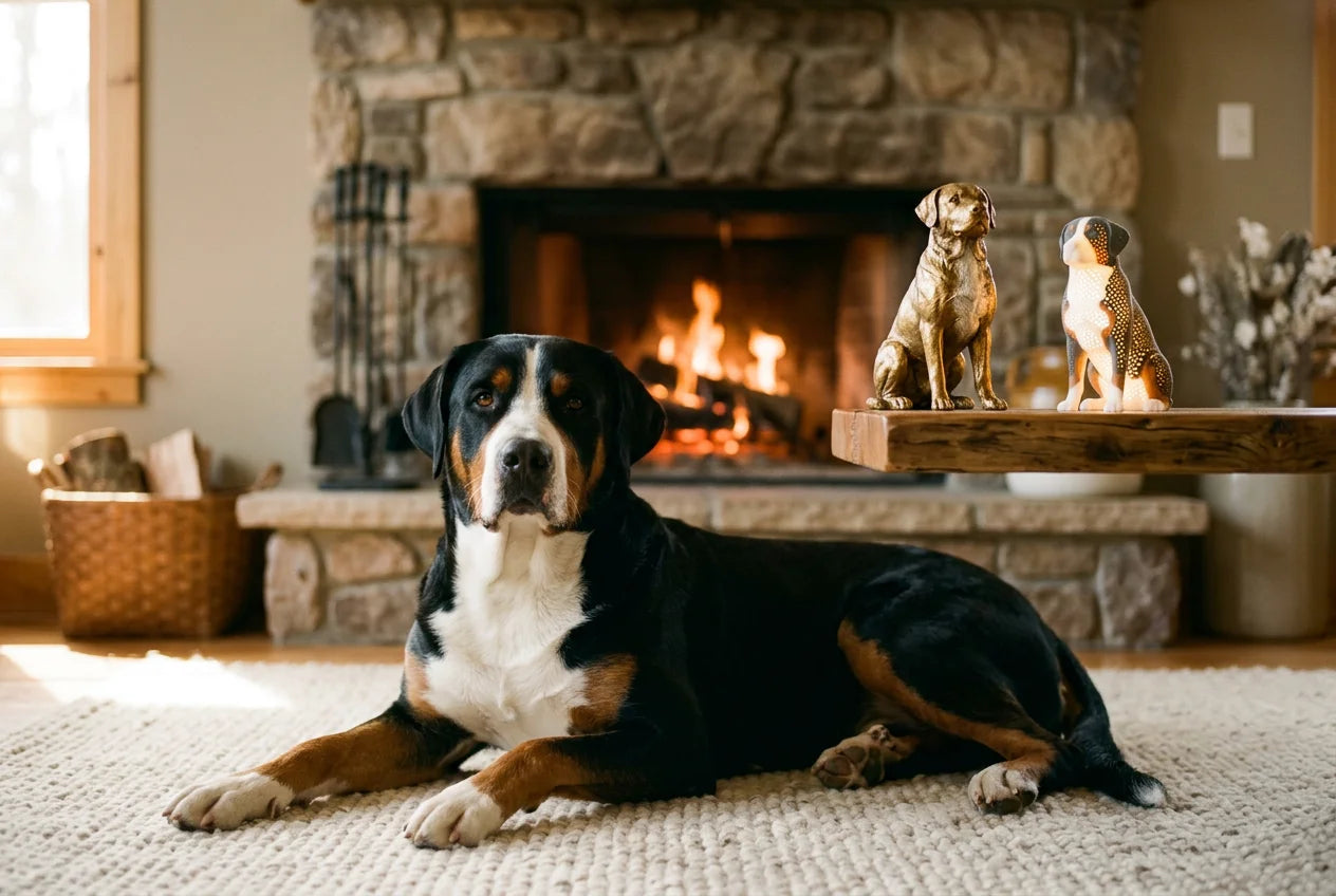 Greater Swiss Mountain Dog dog in a warm editorial interior with handcrafted sculpture and luminary