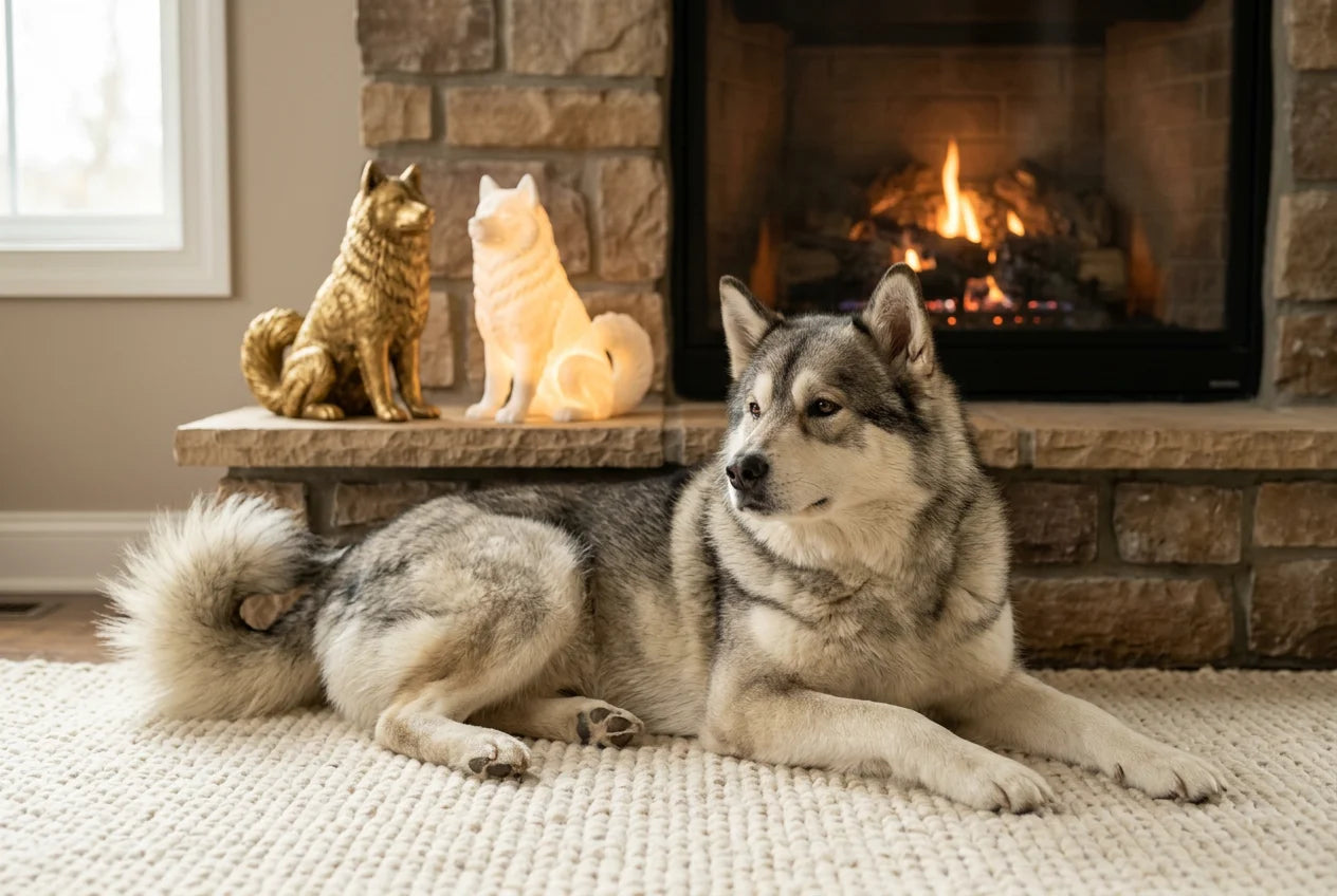 Greenland Dog dog in a warm editorial interior with handcrafted sculpture and luminary