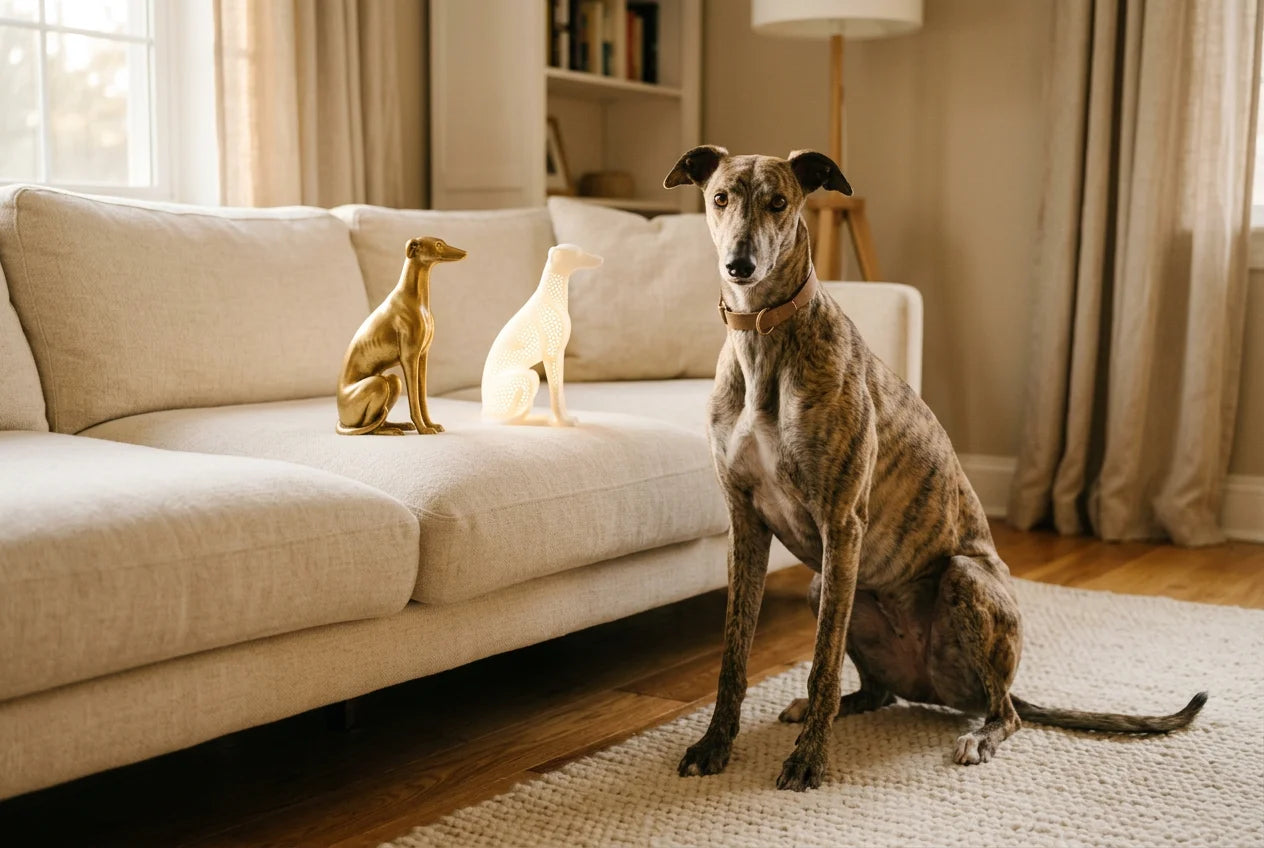 Greyhound dog in a warm editorial interior with handcrafted sculpture and luminary