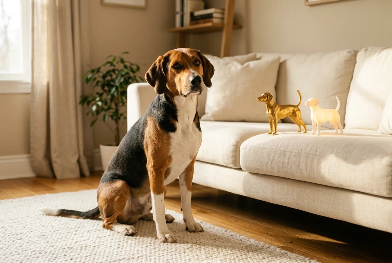 Harrier dog in a warm editorial interior with handcrafted sculpture and luminary