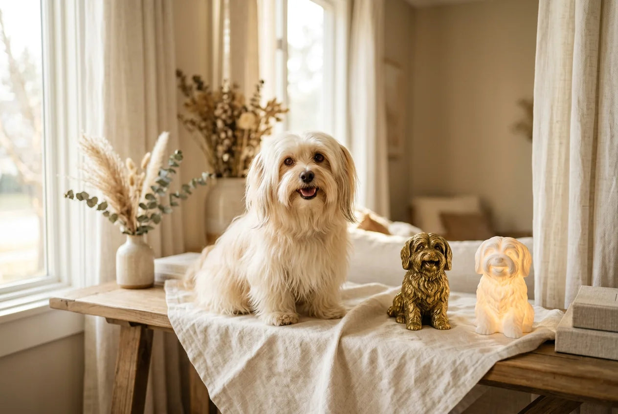 Havamalt dog in a warm editorial interior with handcrafted sculpture and luminary